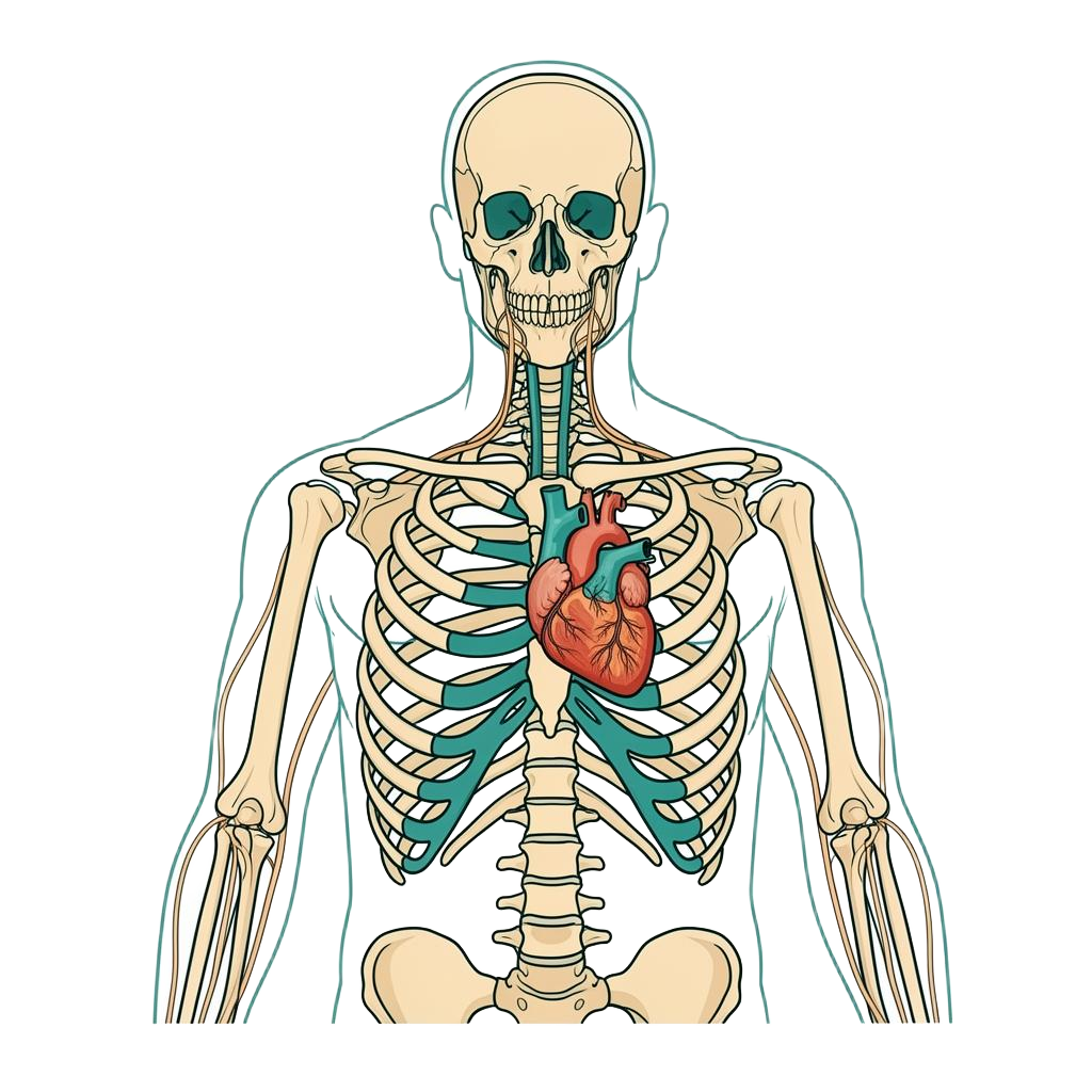 Anatomically accurate illustration of the human thorax showing the heart and ribcage